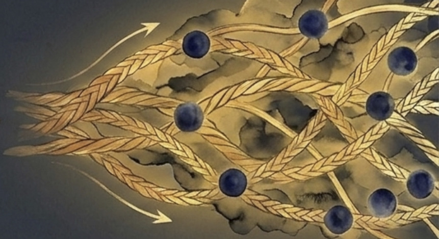 Etcera, the balanced mark, gold tendrils interweaving with a purple polyhedron