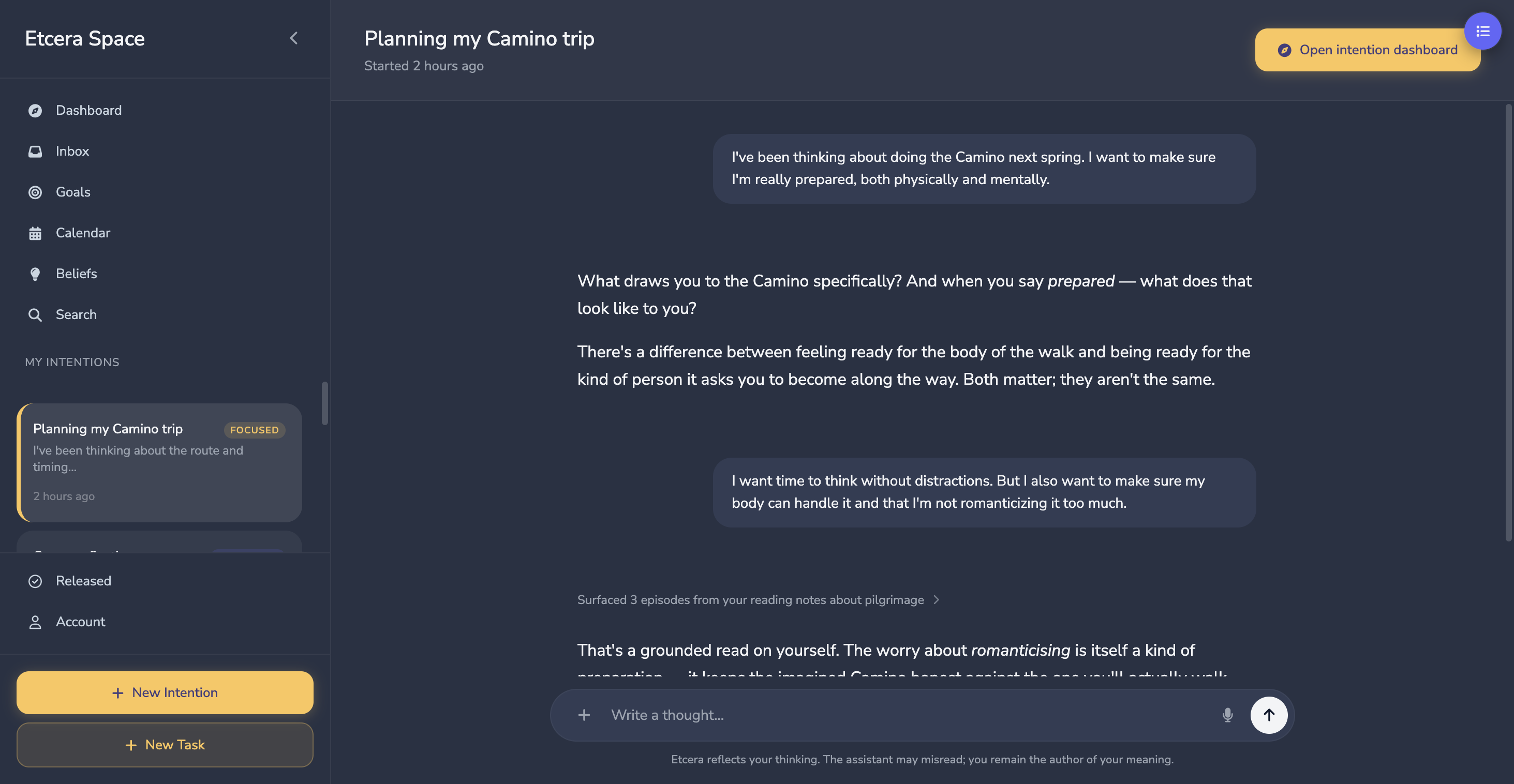 Etcera Space: Chat showing assistant dialogue around a Camino intention