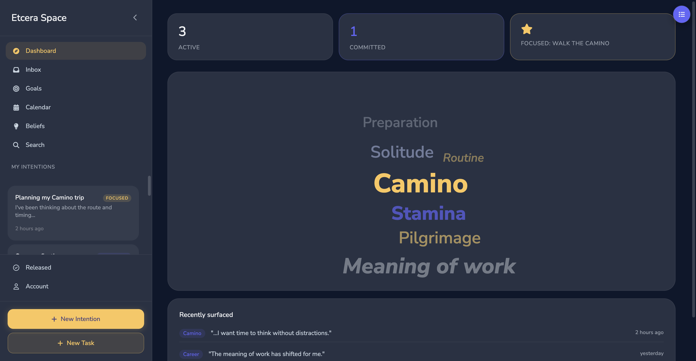 Etcera Space: Dashboard with topic word cloud and recently surfaced episodes