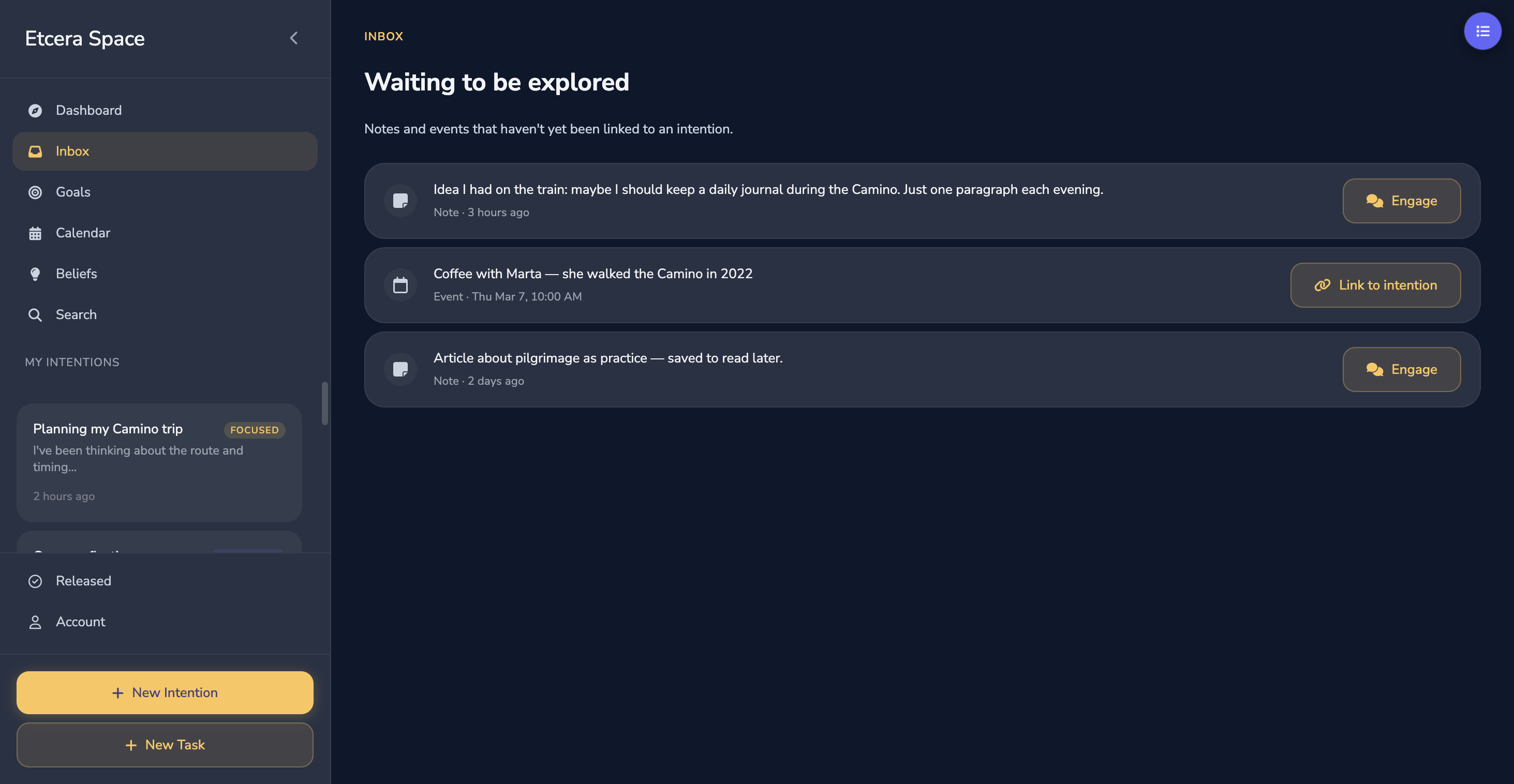 Etcera Space: Inbox showing notes and events waiting to be explored