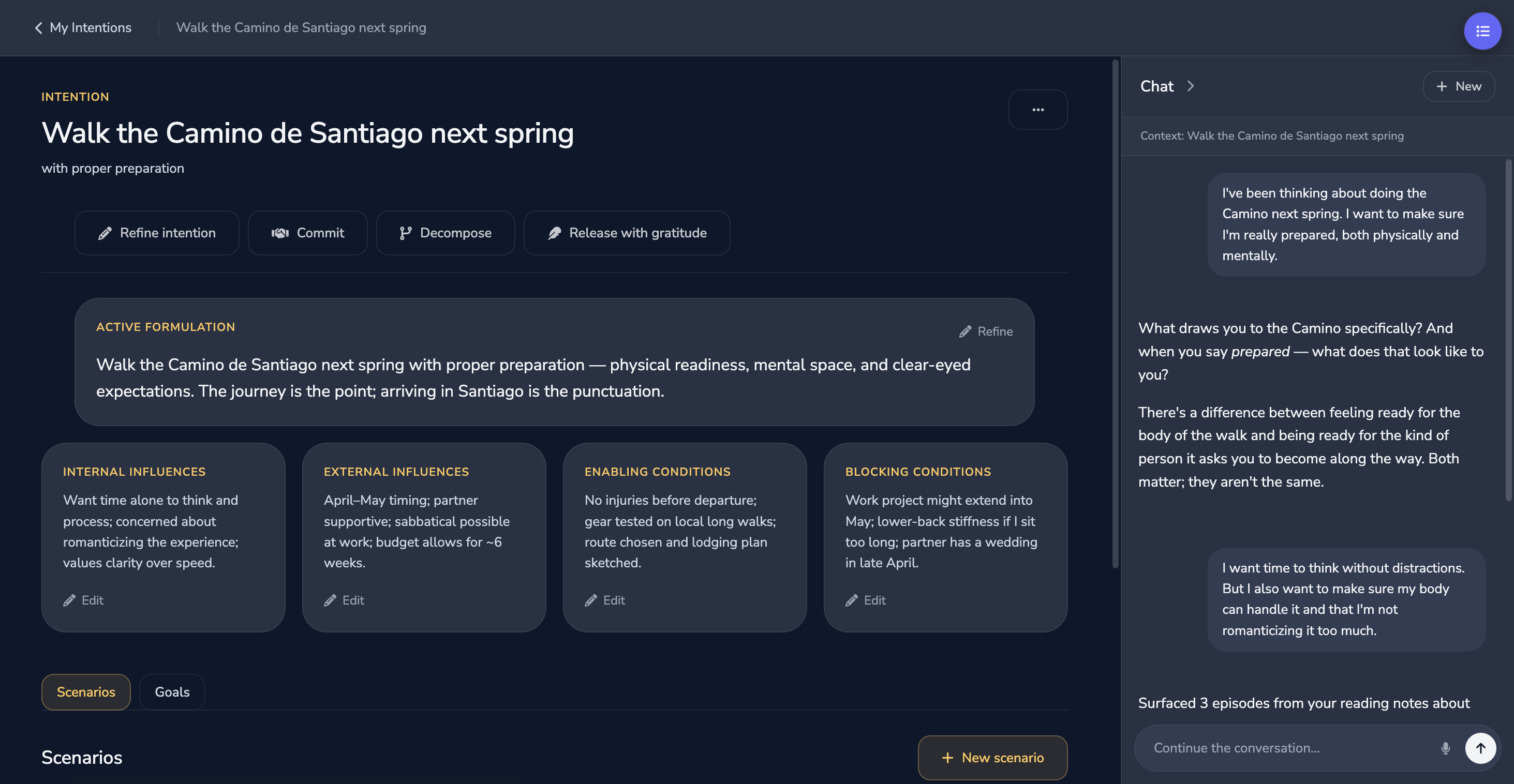 Etcera Space: Intention dashboard showing a Camino intention with formulation, influences, conditions, and scenarios